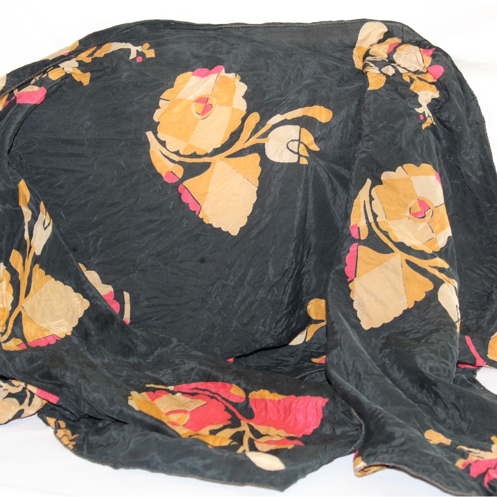 Vintage abstract floral Black orange red long rectangle  scarf